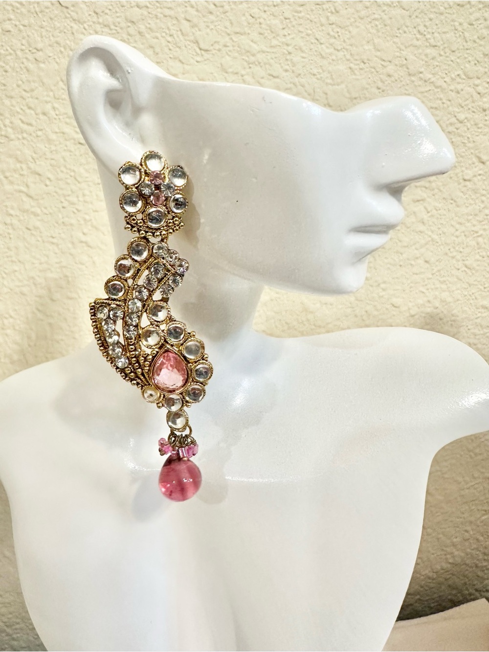 Elegant Gold-Plated Pink Teardrop Crystal Drop Earrings
